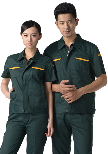重慶墨綠色細(xì)斜紋滌棉短袖工作服